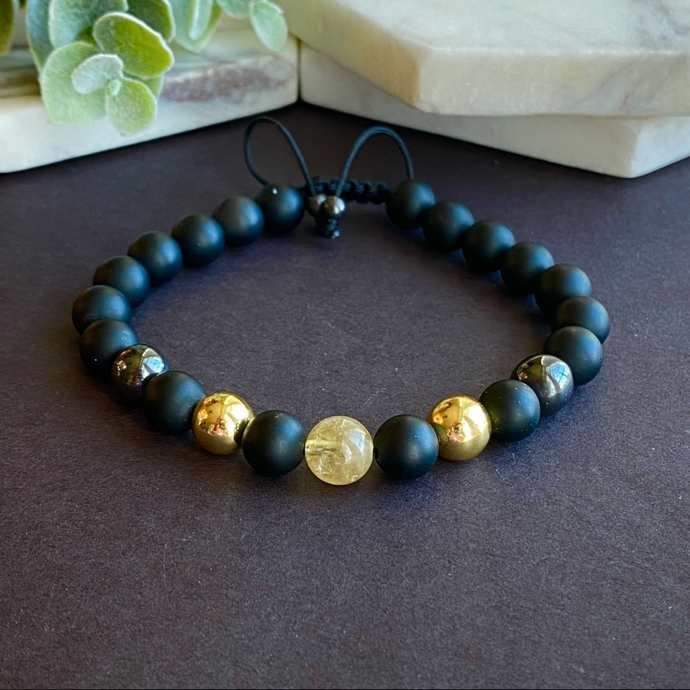 Citrine, Hematite & Black Onyx Adjustable Beaded Bracelet For Men - Picture 4 of 4